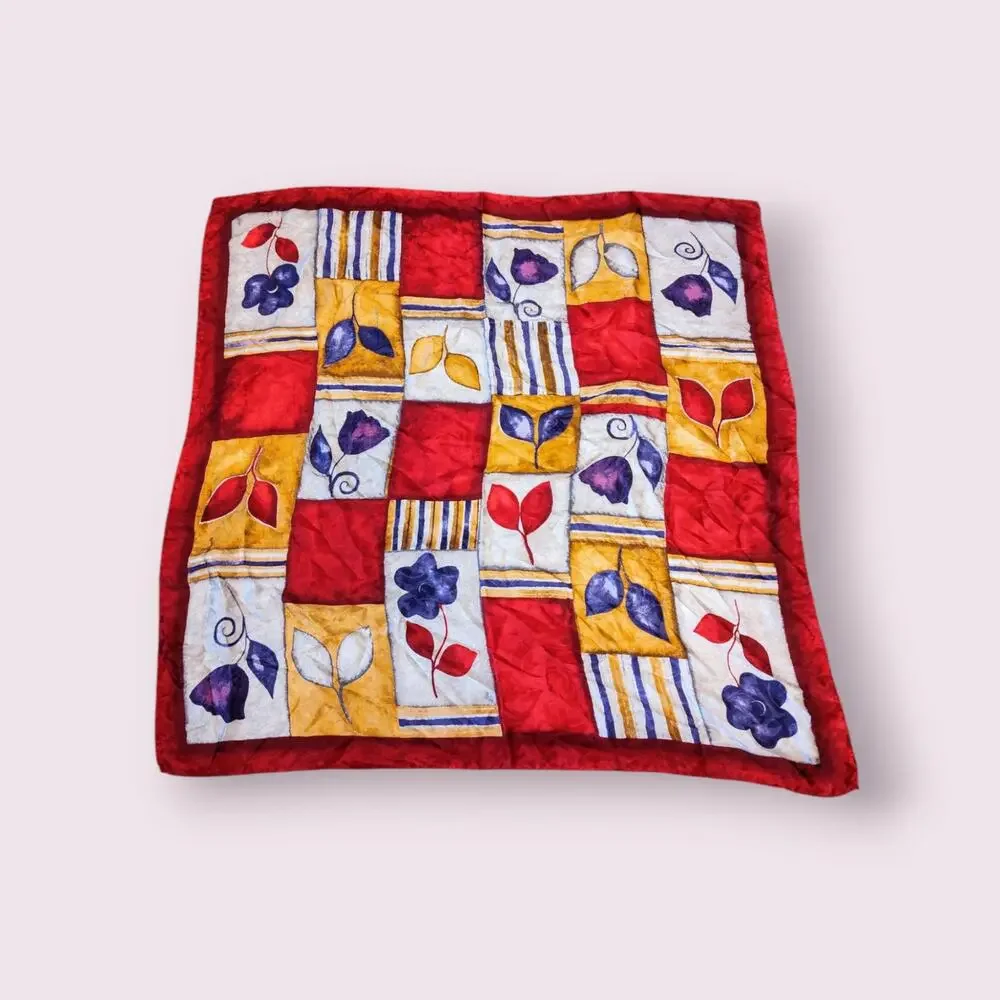 Italian‎ Colorful 100% Silk Scarf Floral/ Checkered Pattern Made in Italy - Picture 3 of 7